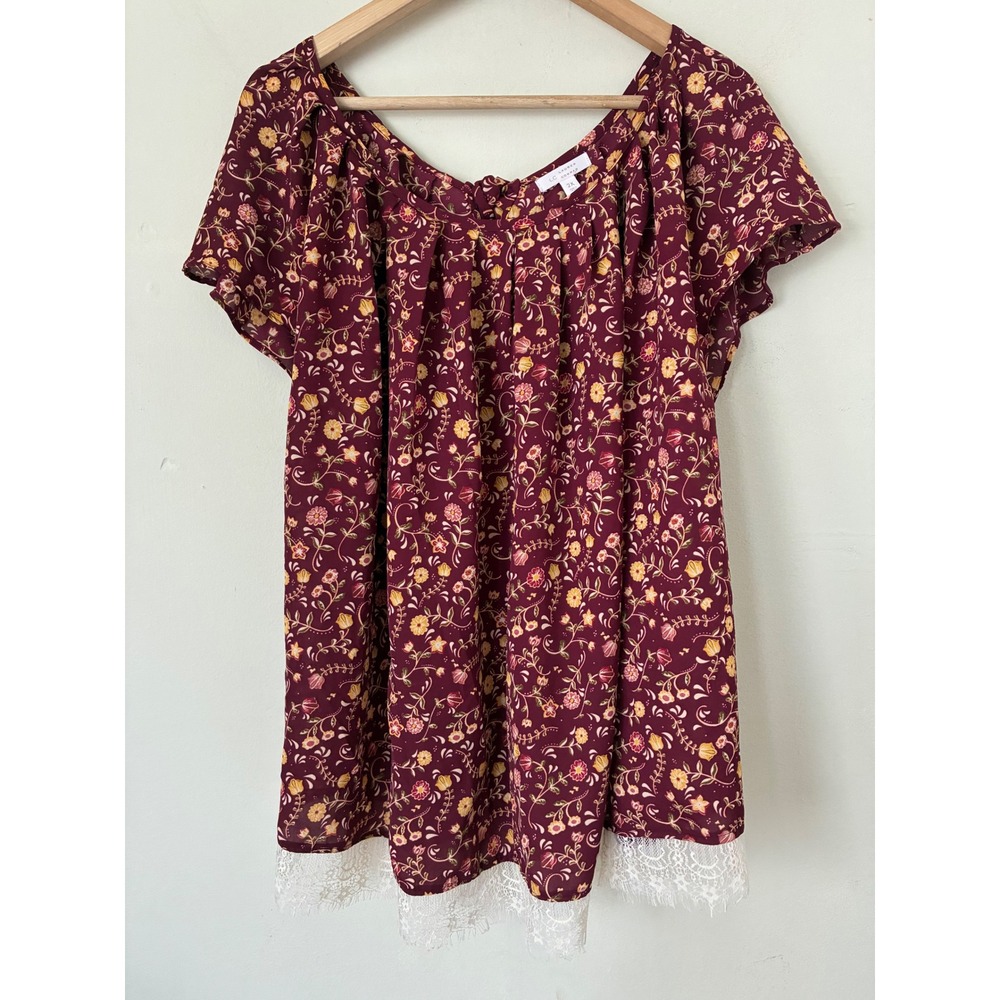 LC Luren Burgundy Floral Boho Lace Trim Blouse Short Sleeve Boho Plus Size 2X